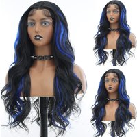 Black Highlight Blue Wig 13x4 Body Wave Lace Frontal Wig HD Glueless Synthetic Lace Front Wig Water Wave Ready To Wear Cosplay
