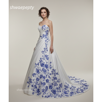 Blue Floral Embroidery Classic Wedding Dress Strapless Sleeveless A-Line White Satin Bridal Gowns Garden Elegant Robe Customized