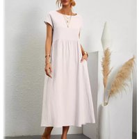 2025 Summer Cotton Linen Vintage Short Sleeve Long Dresses For Women Round Collar Casual Pockets Dress Fashion Elegant Robes