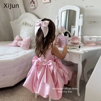 Sevintage Cute Pink Baby Flower Dresses Bow Satin Birthday Party Gifts Wedding Dresses For Kids ropa de niña 2025 Customized