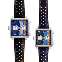 For TagHeuer Genuine Leather Solid Stainless Steel Fold Buckle Monaco Series Classic Blue Orange Line Cowhide 22mm Watch Strap