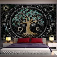 Green Life Tree Tapestry Wall Hanging Psychedelic Sun And Moon Witchcraft Hippie Aesthetics Room Home Decor Background Cloth
