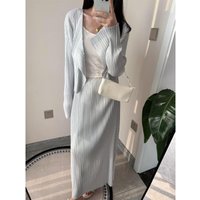 Miyake Pleated Skirt Set Plisse Solid Color Women's Fashion 2026 Gentle Cardigan+Skirt Set High-end Slim Fit Elegant Versatile