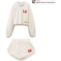 Women's Comfy Ecru Two Peice COTTON Shorts Set with Red Text Cropped Tops + Strechy Waist Shorts with Drawstring 2 Piece Outfits