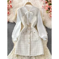 Women Two Piece Set 2025 Korean Fashion Bowtied Collar White Blouse and Spaghetti Strap Single Breasted Mini Tweed Dress Suits