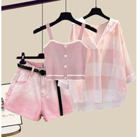 Women's 2026 Summer New In Matching Set Korean Elegant Casual Checkered Sunscreen Shirt+suspender+denim Shorts Three Piece Suit