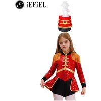 Girls Marching Band Drummer Costume School Majorette Sequins Tassel Long Sleeve Ballet Leotard Dance Dress with Feather Hat