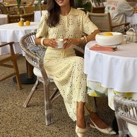 Elegant Solid Hollow Top+Skirt 2pc Set Trendy Knit Hook Flower Short Sleeve Office Suit French Polo Collar Single Breaste Outfit