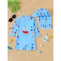 Baby Boy Nautical Pattern Full Print Long Sleeve Onesie Swimsuit with Hat Infant Swimming Suit Set