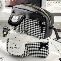 Kawaii Bowknot Star Grid Pencil Bag Storage Pouch Portable Multi-Functional Pen Case Stationery Organizer Stationery A3293