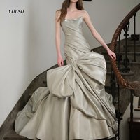 Prom Dress Silver Satin Mermaid Gown Strapless Ruched Bodice Large Bow Long Train Formal Wedding Party Dress 2026 Customized