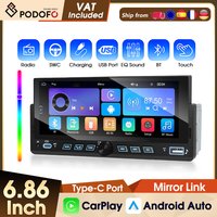 Podofo 1DIN 6.86'' Samochodowy odtwarzacz multimedialny Bezprzewodowy CarPlay Android Auto Mirror Link Radio samochodowe Bluetooth FM USB Kamera cofania