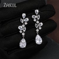 ZAKOL Luxury CZ Leaf Shape Long Dangle Earrings for Women Shinny Water Drop Cubic Zirconia Bridal Jewelry EP5097