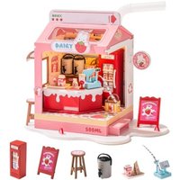 Robotime Bakery Box Dollhouse Wooden DIY Miniature House with Furniture Dollhouse with LED Lights for Girls