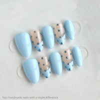 10pcs Handmade Nude Blue Polka Dots French Press on Nails Almond Wearable Reusable Elegant False Nails 2026