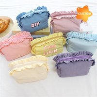Custom Logo Ruffle Cosmetic Bag Multi-color Cute Makeup Pouch Zipper Travel Portable Toiletry Organizer Bag for Women Girls
