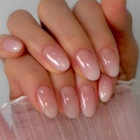 24 Pcs Medium Oval Press On Nails Pink Gradient Stripe Pattern Fake Nails Glossy Artificial Finger Manicure False Nails