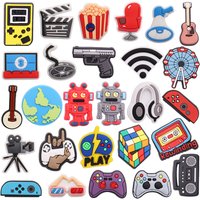 1pcs PVC Shoe Charms Game Console Popcorn Movie Speaker Gun Wifi Ferris Wheel Earth Hole Slipper Decoration Bands Bracelets
