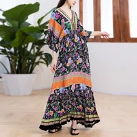 Bohemian Oversize Loose Elastic Waist Maxi Dresses Women Robe Cotton Rayon Floral Printed Long Dress Summer Boho Beach Cover up