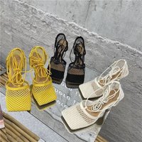 2026 Summer Sexy Mesh Pumps Sandals Female Square Toe High Heel Lace Up Cross-Tied Stiletto Hollow Dress Party Shoes 43