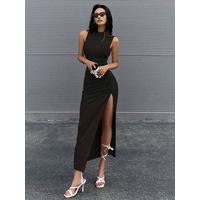 Women Black Sleeveless High Neck Maxi Dress, Ruched Side High Slit Bodycon Long Dress, Elegant Casual Party Club Night Outfit