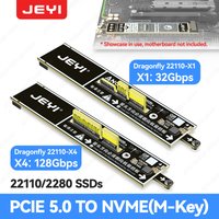 JEYI Flat PCIe 5.0 x1 to NVMe Adapter Card 32Gbps for M2 2280/22110 NVMe SSD No GPU Obstruction PCIe X16/X8/X4/X1 slot Plug play