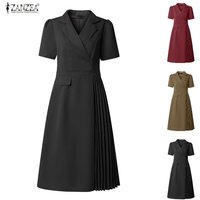 2026 Elegant Lapel Neck Short Sleeve Dresses ZANZEA Women Summer Dress Stylish A Line Pleated Sundress Solid Color OL Work Robe