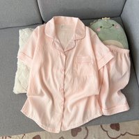 Sweet Cartoon Pajamas for Women in Summer New Collared Short Sleeved and Shorts Home Wear Set Ladies Pink Striped Nightwear