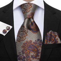 Luxury Paisley Brown Red Blue Grey Wedding Tie For Men Handky Cufflink Gift Men Necktie Fashion Designer Business Party Gift