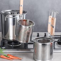 Durable Thickened Stainless Steel Funnel Kitchen Gadgets Wooden Handle Pasta Basket Strainer Multifunctional Deep Fry Basket