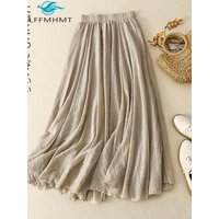 Japan Style Double Layer Ramie Skirt for Women Summer Fashion Elastic Waist Solid Color Loose Casual A-line Vintage Frock Female