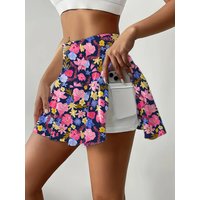 Women's Purple Floral Print Mini Skirt Elastic Waist Summer Knit Fabric with Shorts Pocket Detail Polyester
