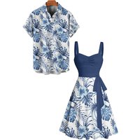 Dressfo Couple Set Women's Tropical Flower Leaf Print Belted Mini Vacation Dress And Men's Short Sleeve Shirt Matching Outfit