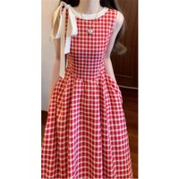 Slimming Plaid Sleeveless Waist-Cinched Dress Women's Fashion High Waist A-Line Midi Skirt Korean Style Summer New Arrival