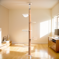 Luxury Oak Wooden Floor to Ceiling Cat Tree Tower Adjustable Height 215 to 275cm Sisal Scratching Post Multi Level Platform