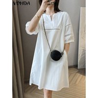 VONDA 2024 Summer Women Mini Dress Fashion Elegant Sundress Casual Loose Sexy Solid Color Half Sleeve Vintage Short Vestidos