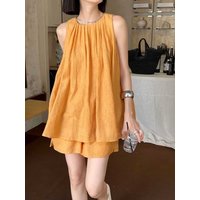 Summer 2024 Women's Cotton Linen Loose Fit Thin Sleeveless Top And Shorts Two-Piece Set Color Fashionable Ensemble