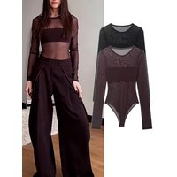Women Sexy Mesh See Through Bodysuit Women Long Sleeve Sheer Bodysuits O Neck Bodycon Jumpsuit Female Romper
