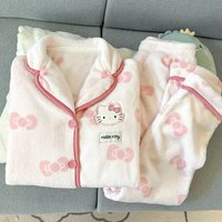 Sanrio Hello Kittys Autumn Winter Flannel Pajamas Sets Kawaii Women Cardigan Lapel Sleepwear Thickened Warm Lounge Clothes Suit