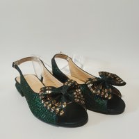 Fashion Green Women's Sandals with Rhinestone Italian Design Lower Heel Wedding Party Shoes