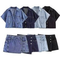European and American style summer new product women's short sleeved lapel denim short shirt, mid waist skirt pants set