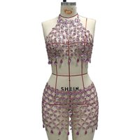 Shimmering Pink Crystal Body Chain Set New Goddess-Style Lace-Up Sexy Strapless Top Party & Vacation Outfit With Necklace