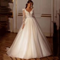 Vintage Wedding Dress Organza With Embroidery A-Line Floor Length A-Line Ballgown Fullsleeve Square Collar V Bride Customized
