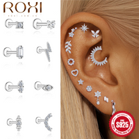 ROXI Moissanite 925 Sterling Silver Branch/Star/Heart Women's Flat Back Piercing Earrings16G Stud Helix Dainty Flower Jewelry