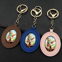 SAINT MICHAEL PROTECT US Archangel Glass Medal Leather Pendant Key Chain for Women Men Alloy Gold Color Christian Amulet Jewelry