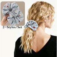 2Pcs Korean Delicate Style Blue Striped Red Bow Cherry Scrunchie Hair Tie Fashionable New Hair Accessories