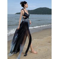 2024 summer new style Blue color Ocean Vacation Style Printed Flower Dew Back Royal Sister Dress Bohemian Long Dress W372