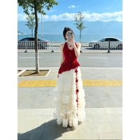 Spring Summer New Style Peach Color Mesh Half Skirt Women's Puffy Draping Versatile Fairy Feeling mid Length Skirt