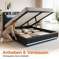 Lit hydraulique Anajqaqia 160×200 cm, lit double, lit avec rangement, lit moderne pour adultes, lit rembourré, avec dossier de rangement et sommier à lattes, PU, noir