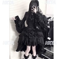 Dark Goth Subculture Y2k Lolita Horn Long Sleeved Slim Fit Lace Shirt Top Pleated Cascade Cake Skirt Black Two Pieces Sets Women